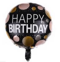 Шар фольгированный круг happy birthday черный с кружочками 45х45см. Китай
