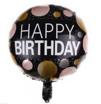 Шар фольгированный круг happy birthday черный с кружочками 45х45см. Китай