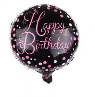 Шар фольгированный круг happy birthday розовая c черным 45х45см. Китай