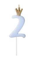 Свеча для торта 2 голубая с короной 9,5 см PartyDeco