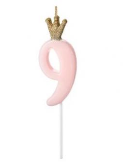 Свеча для торта 9 розовая с короной 9,5 см PartyDeco