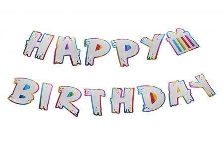 Бумажная надпись Happy Birthday серебряная с тортом объемные буквы