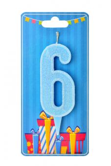 Свеча-цифра "6" голубая блеск