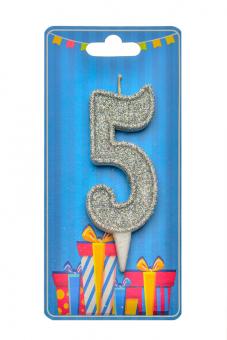 Свеча-цифра "5" серебро блеск