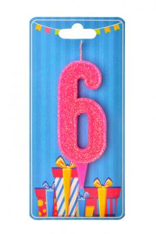 Свеча-цифра "6" розовая блеск