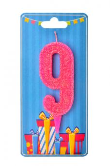Свеча-цифра "9" розовая блеск