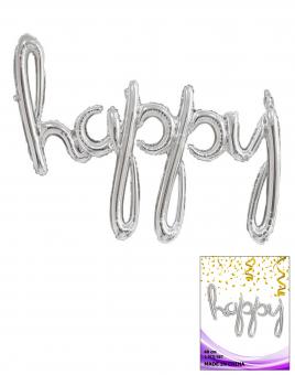 Цельная фольгированная надпись Happy серебро 40 см.
