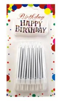 Свечи для торта Серебро металлик  (12 шт) + Надпись Happy Birthday