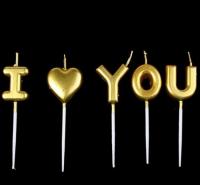 Свечи в торт "I Love You, цвет золото, набор 5 шт.
